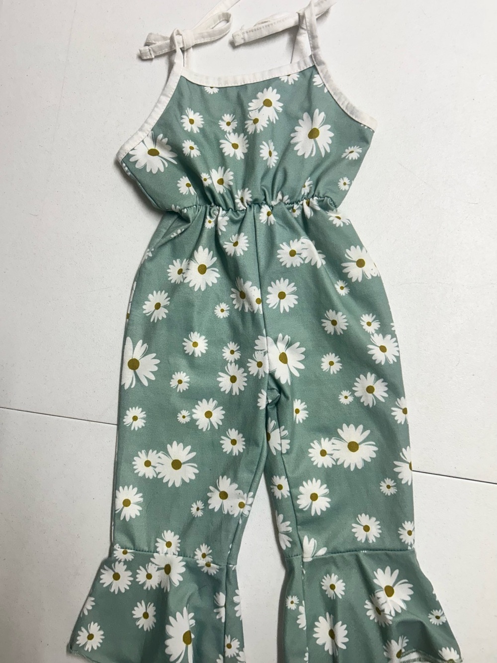 Girls Sage Green Daisy Print Tie-Strap Jumpsuit 2T